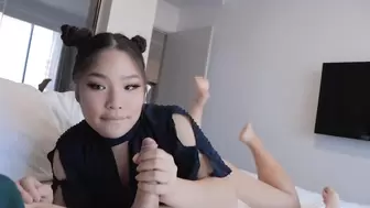 Asian girl gives sloppy head to white boyfriend - in the pos