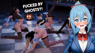 GHOST GROUP-SEX! Tracer x Sombra x DVa x Mei | Halloween porn