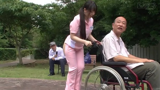 Subtitled fetish Asian half naked caregiver outdoors