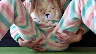 schoolgirl with small breasts in pajamas masturbates snatch and squirting climax