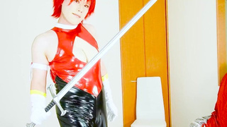 Oriental Cosplay Beauty Honey in Shiny PVC – Red & Dark Cosplay Action - Crossdressing